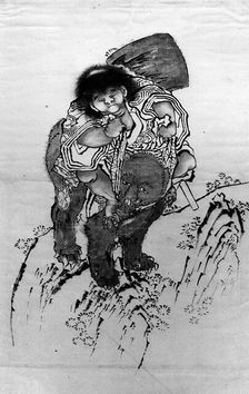 Sakata Kintoki Riding on Bear's Back, 18th-19th century. Creator: School of Katsushika Hokusai