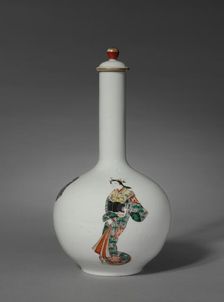 Sake Bottle with Three Figures: Arita Ware, Ko Imari Type, late 1700s. Creator: Unknown