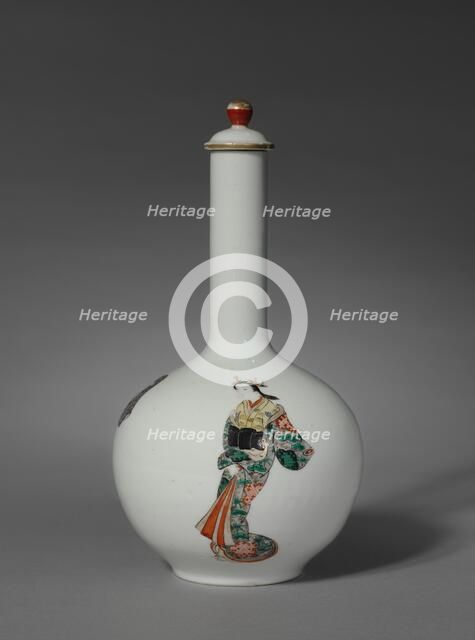 Sake Bottle with Three Figures: Arita Ware, Ko Imari Type, late 1700s. Creator: Unknown.