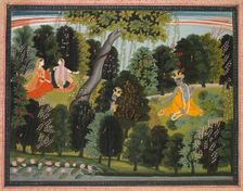 Sakhi Persuades Radha to Meet Krishna, from the "Lambagraon" Gita Govinda..., c. 1820-1825. Creator: Unknown