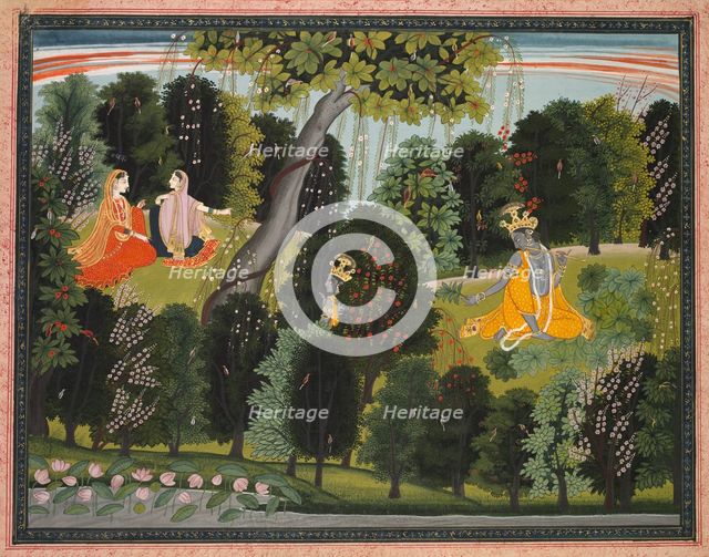 Sakhi Persuades Radha to Meet Krishna, from the "Lambagraon" Gita Govinda..., c. 1820-1825. Creator: Unknown.