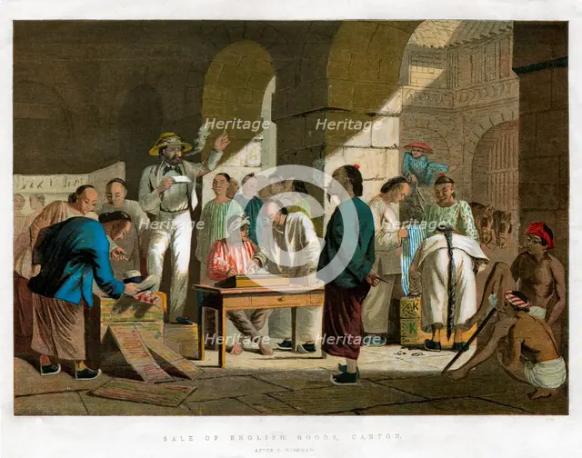 'Sale of English Goods, Canton', 1858. Artist: Unknown