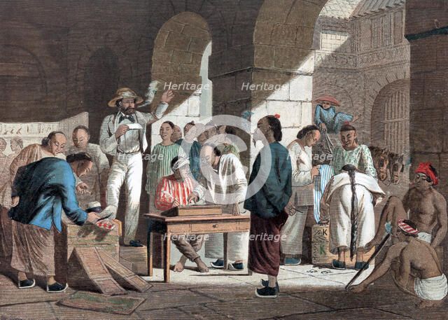 Sale of English goods in Canton, 1858. Artist: Unknown