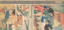 Sales Room at the Foreign Trade Building in Yokohama, 1861. Creator: Sadahide Utagawa