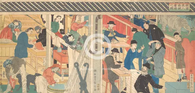 Sales Room at the Foreign Trade Building in Yokohama, 1861. Creator: Sadahide Utagawa.