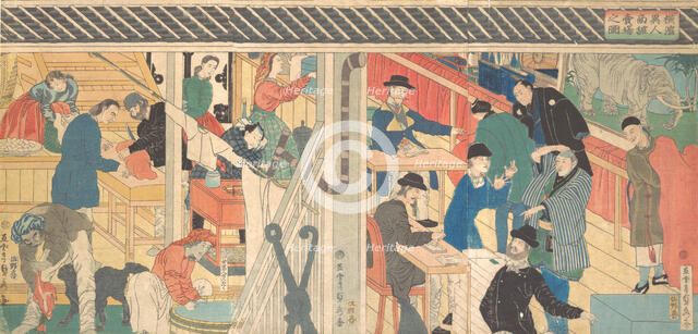 Sales Room at the Foreign Trade Building in Yokohama, 1861. Creator: Sadahide Utagawa.