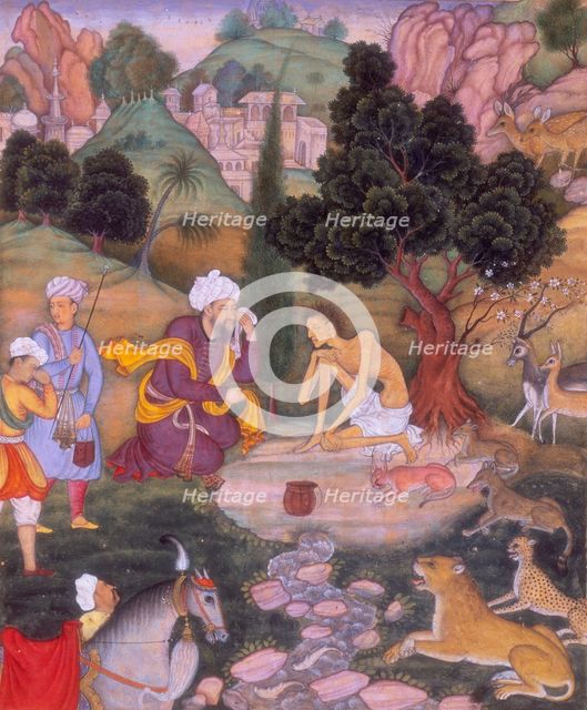 Salim telling Majnun of his mother's death, 1595. Creator: Nand Gwaliori.