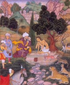 Salim telling Majnun of his mother's death, 1595. Creator: Nand Gwaliori