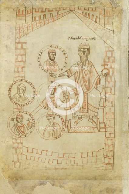 Salian Dynasty Family Tree: Conrad II, Henry III, Henry IV, his wife Eupraxia of Kiev, Henry V, 12th century. Artist: Ekkehard of Aura (?-1126)