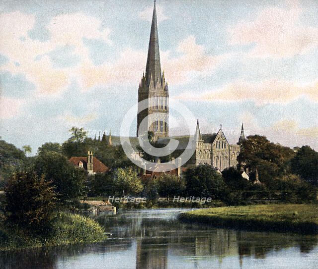 Salisbury Cathedral as seen from the River Avon, Salisbury, Wiltshire, early 20th century. Artist: Unknown