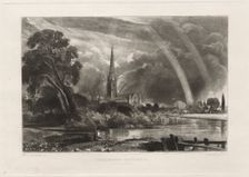 Salisbury Cathedral from the Meadows (Small Plate), 1855. Creator: David Lucas (British, 1802-1881)