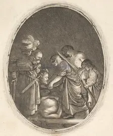 Salome receiving the head of John the Baptist, surrounded by three men and a child bea..., ca. 1610. Creator: Hendrik Goudt
