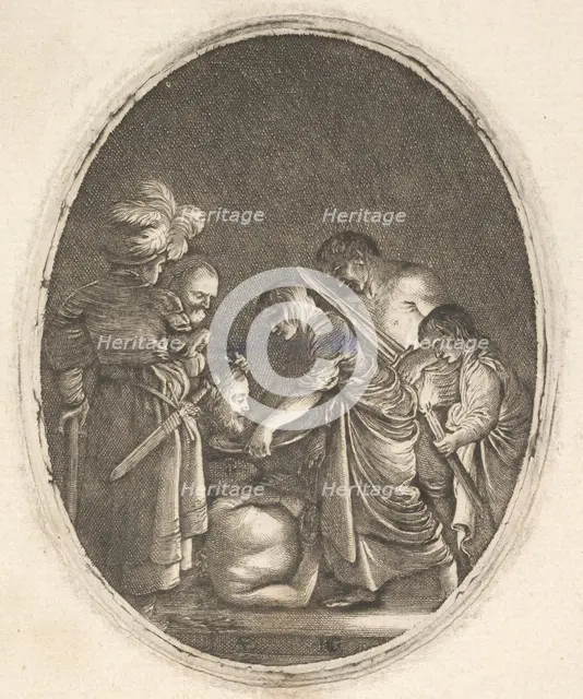 Salome receiving the head of John the Baptist, surrounded by three men and a child bea..., ca. 1610. Creator: Hendrik Goudt.