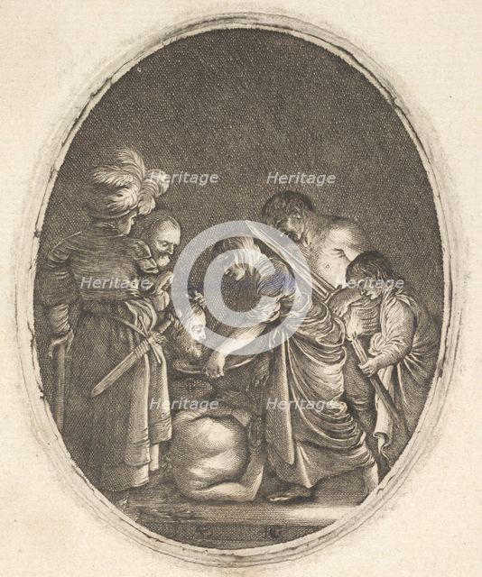 Salome receiving the head of John the Baptist, surrounded by three men and a child bea..., ca. 1610. Creator: Hendrik Goudt.