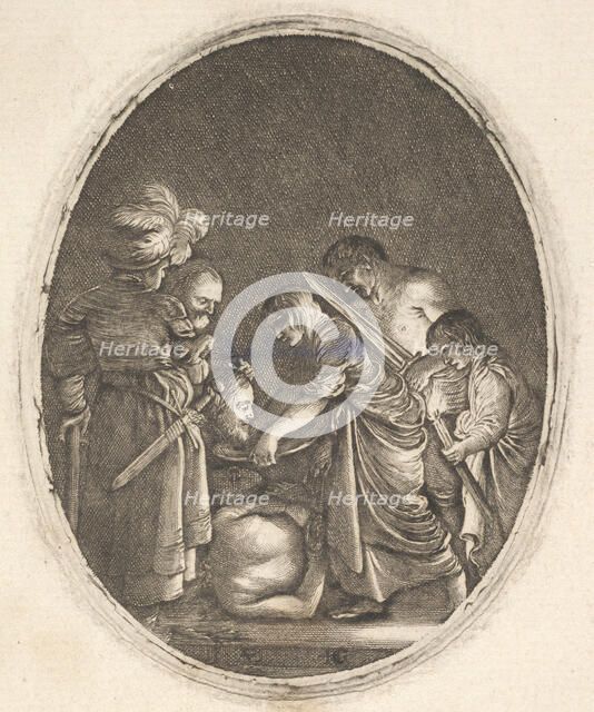 Salome receiving the head of John the Baptist, surrounded by three men and a child bea..., ca. 1610. Creator: Hendrik Goudt.