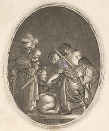 Salome receiving the head of John the Baptist, surrounded by three men and a child bea..., ca. 1610. Creator: Hendrik Goudt