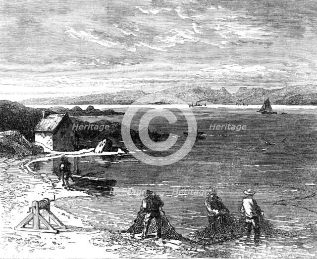 Salmon-fishing on the River Tay: drawing in, 1862. Creator: Unknown.