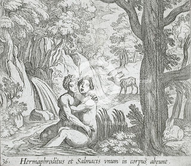 Salmacis and Hermaphroditus, published 1606. Creators: Antonio Tempesta, Wilhelm Janson.