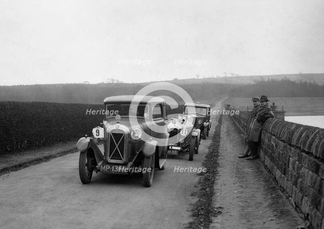 Salmson, Amilcar and Riley 9, Ilkley & District MC Trial, Fewston Reservoir, Yorkshire, 1930s. Artist: Bill Brunell.