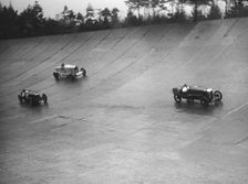 Salmson, Riley 9 Brooklands and Talbot 90 racing at a BARC meeting, Brooklands, Surrey, 1931 Artist: Bill Brunell