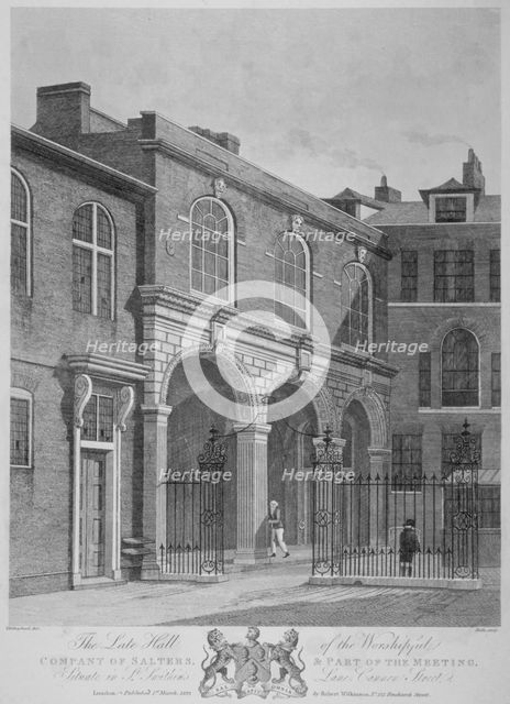 Salters' Hall and part of the Salters' Hall Chapel for Protestant Dissenters, City of London, 1822. Artist: Thomas Dale