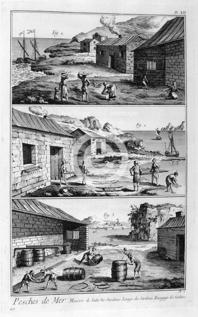 Salting, washing, packing sardines, 1751-1777. Artist: Unknown