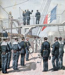 Salute to the flag, French naval manoeuvres, 1891. Creator: Henri Meyer