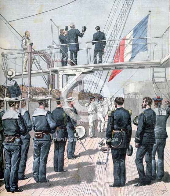 Salute to the flag, French naval manoeuvres, 1891. Creator: Henri Meyer.