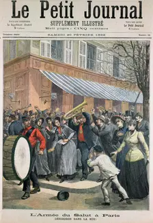 Salvation Army march led by a drummer being barracked by onlookers in Paris, 1892