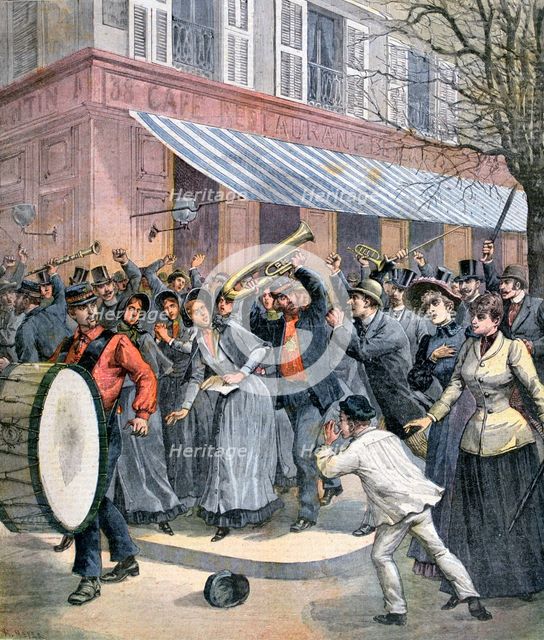Salvation Army march led by a drummer being barracked by onlookers in Paris, 1892. Artist: Henri Meyer