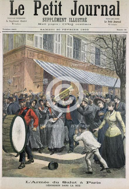 Salvation Army march led by a drummer being barracked by onlookers in Paris, 1892. Artist: Unknown