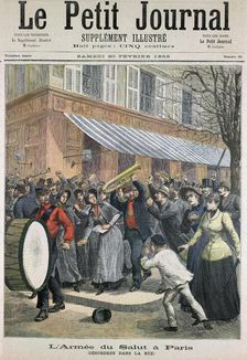 Salvation Army march led by a drummer being barracked by onlookers in Paris, 1892