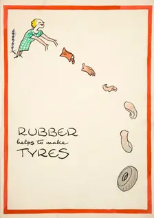 Salvage: Rubber helps to make tyres World War II poster, between 1939 and 1946. Creators: Central Office of Information, Cyril Kenneth Bird