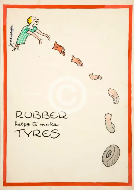 Salvage: 'Rubber helps to make tyres', World War II poster, between 1939 and 1946. Creators: Central Office of Information, Cyril Kenneth Bird.