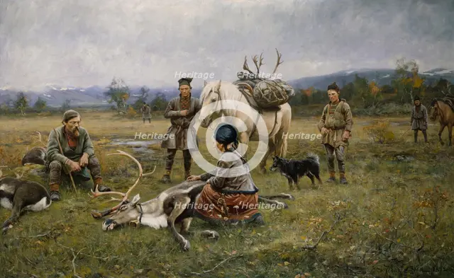 Sami Collecting Reindeer which have Been Shot, 1892. Creator: Johan Tiren.