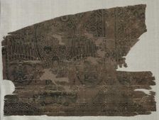 Samite fragments with double-headed eagles, from the tomb of Saint Bernard Calvo, 1200-1243. Creator: Unknown