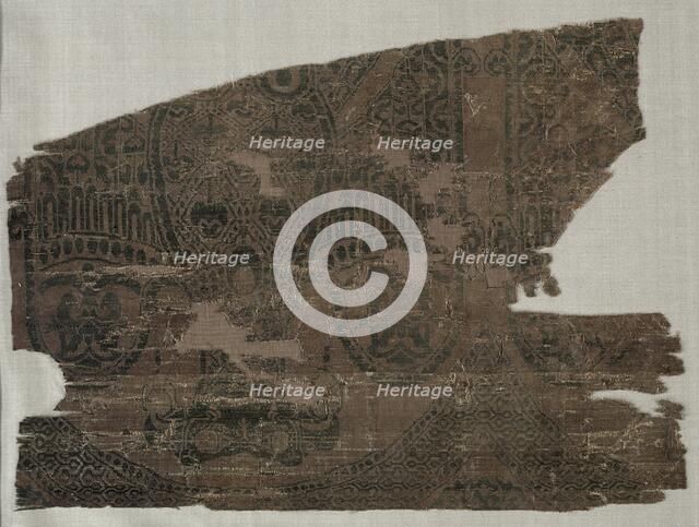 Samite fragments with double-headed eagles, from the tomb of Saint Bernard Calvo, 1200-1243. Creator: Unknown.