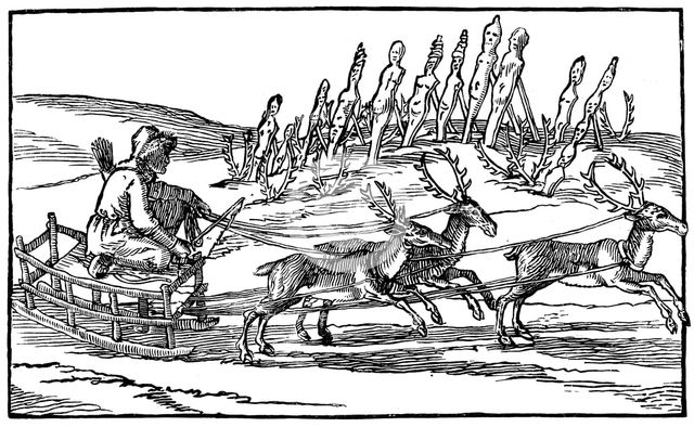 Samoyed travelling on a sleigh pulled by reindeer, late 16th-early 17th century. Artist: Unknown