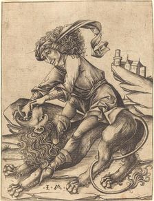 Samson and the Lion, c. 1475. Creator: Israhel van Meckenem