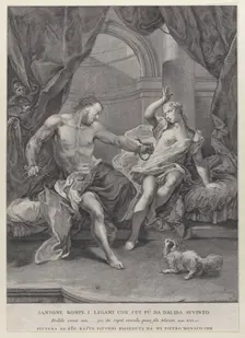 Samson and Delilah seated on a bed, Samson tearing apart the ropes binding his hand..., ca. 1730-39. Creator: Pietro Monaco