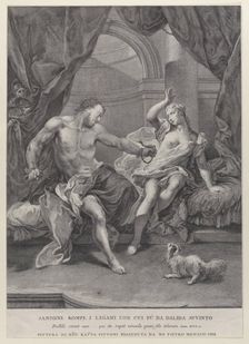 Samson and Delilah seated on a bed, Samson tearing apart the ropes binding his hand..., ca. 1730-39. Creator: Pietro Monaco