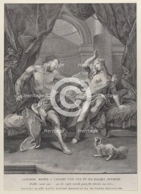 Samson and Delilah seated on a bed, Samson tearing apart the ropes binding his hand..., ca. 1730-39. Creator: Pietro Monaco.