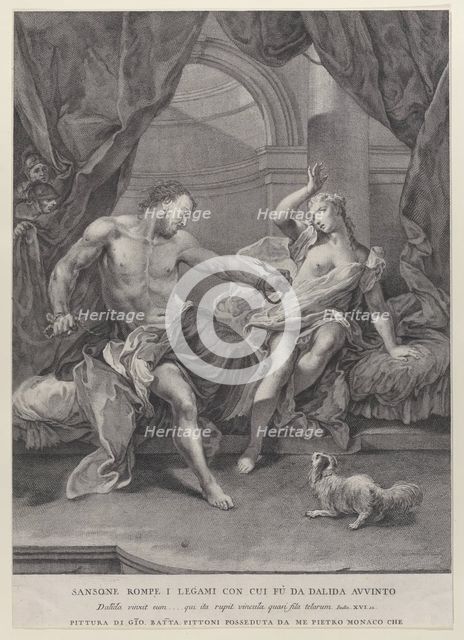 Samson and Delilah seated on a bed, Samson tearing apart the ropes binding his hand..., ca. 1730-39. Creator: Pietro Monaco.