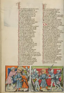 Samson being Bound: Samson Breaking the Ropes; Weltchronik, about 1400-1410. Creator: Unknown