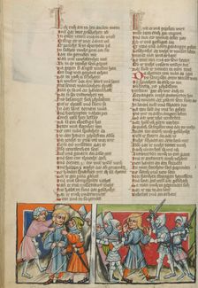 Samson being Bound: Samson Breaking the Ropes; Weltchronik, about 1400-1410. Creator: Unknown