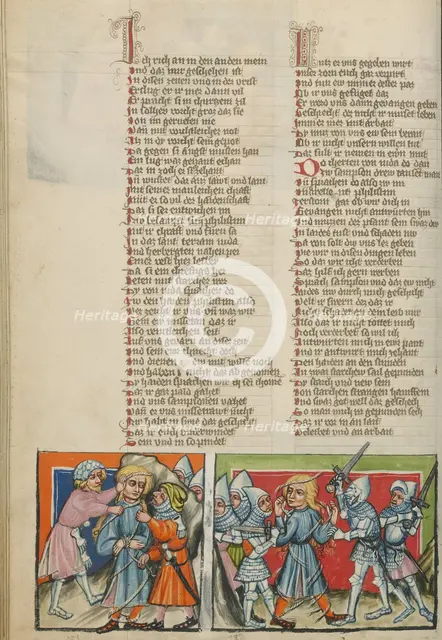 Samson being Bound: Samson Breaking the Ropes; Weltchronik, about 1400-1410. Creator: Unknown.