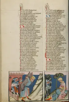 Samson Carrying Off the City Gate of Gaza: Delilah Tying Up Samson; Weltchronik, about 1400-1410. Creator: Unknown