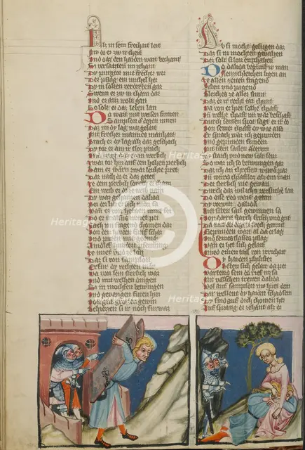 Samson Carrying Off the City Gate of Gaza: Delilah Tying Up Samson; Weltchronik, about 1400-1410. Creator: Unknown.