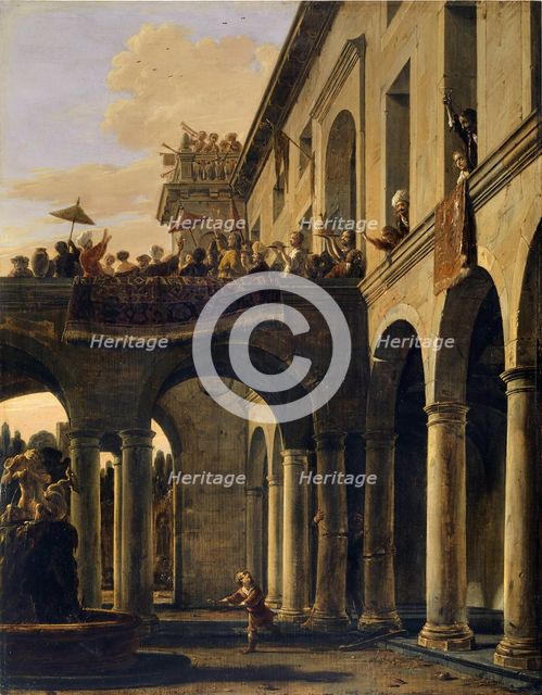 Samson destroying the Temple of Dagon, 1659. Creator: Salomon de Bray.