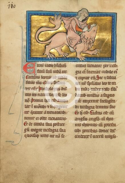 Samson Fighting a Lion; De Natura Avium; De Pastoribus et Ovibus, 1277 or after. Creator: Unknown.